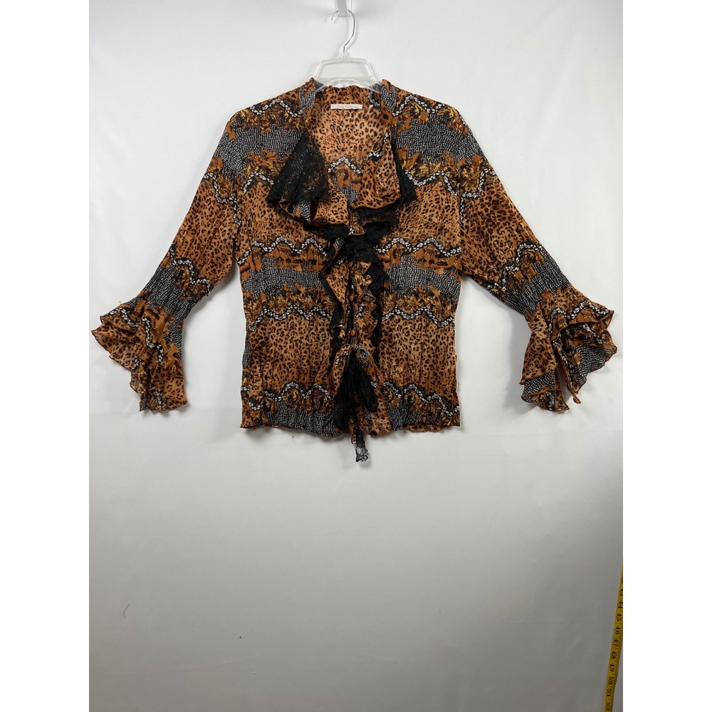 Le Caviar Blouse Women XL Brown Leopard Print Ruffle Lace Bell Sleeve Boho Top